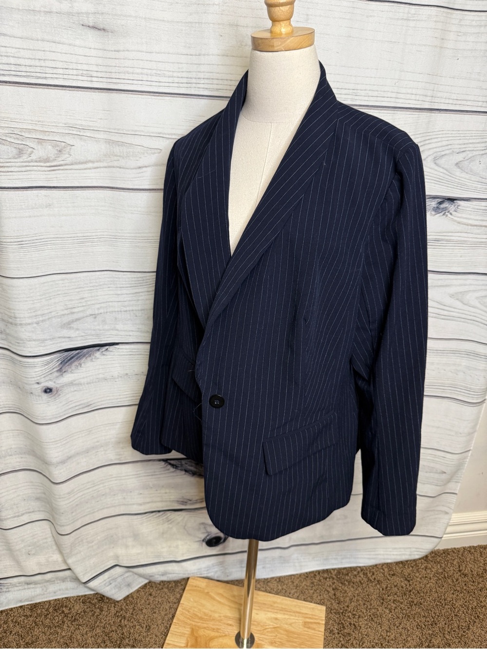 Lane Bryant Dark Navy Pinstripe Single-Button Blazer